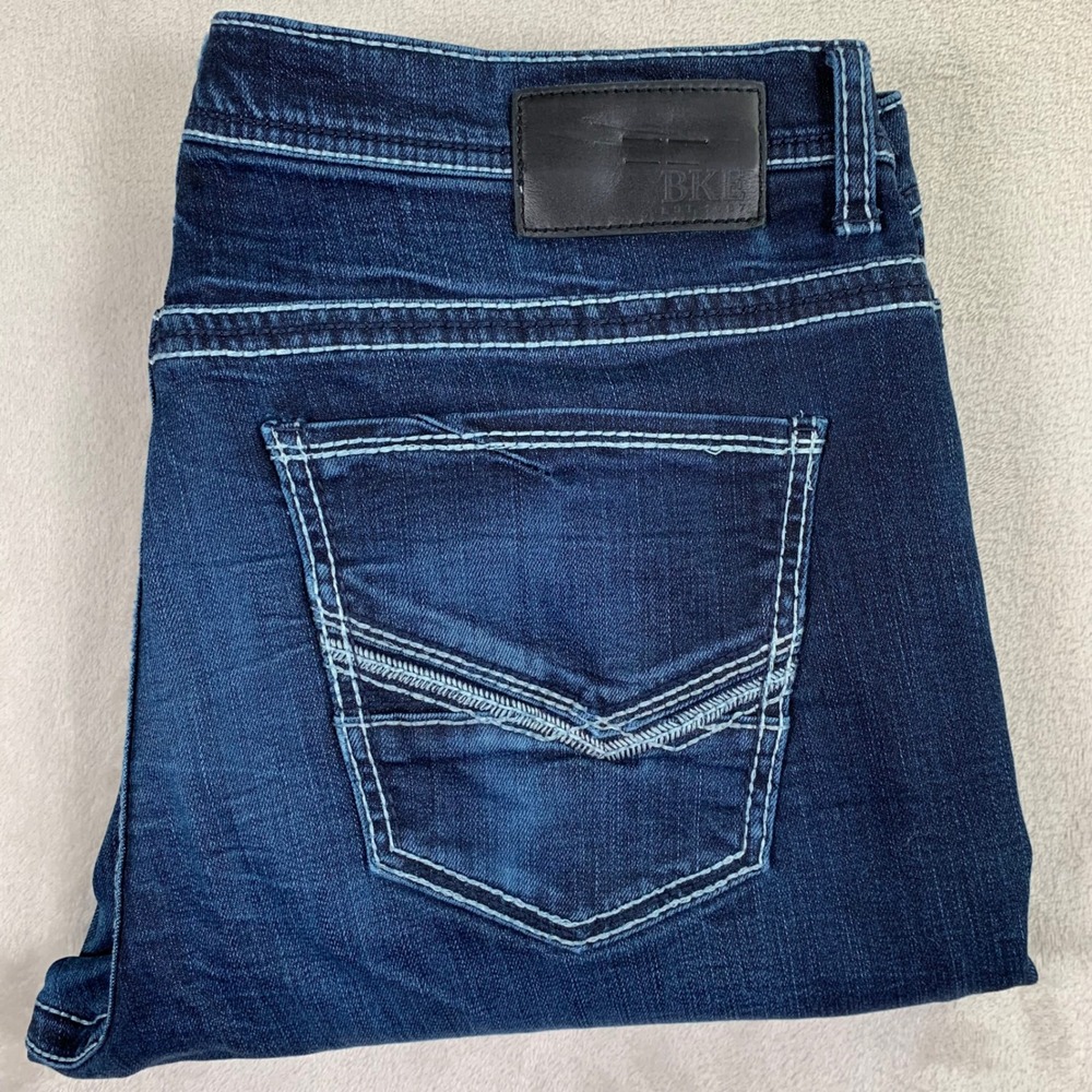 BKE Derek Jeans Mens 36x34 Blue Dark Wash Straight Leg Contrast Stitch Denim
